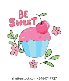 Vector Hand Drawn Sketch Cute Cherry and Cake Illustration, Print design 