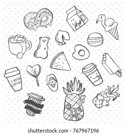 Vector hand drawn sketch cute cartoon hand draw elements stickers on a striped background. 