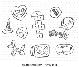 Vector hand drawn sketch cute cartoon hand draw  stickers on a striped background. 