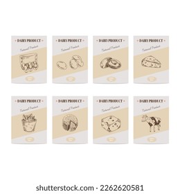 Vector- hand drawn sketch dairy products posters set. Eco foods. Sketch illustration. Vintage packaging, labels.	