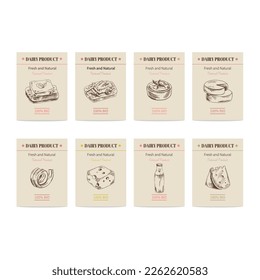 Vector- hand drawn sketch dairy products posters set. Eco foods. Sketch illustration. Vintage packaging, labels.	