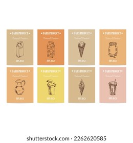 Vector- hand drawn sketch dairy products posters set. Eco foods. Sketch illustration. Vintage packaging, labels.	