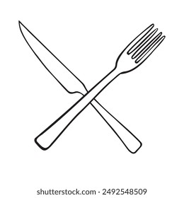 Vector hand drawn sketch doodle outline crossed fork and knife isolated on white background