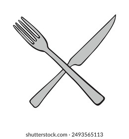 Vector dibujado a mano boceto garabato color cruzado tenedor y cuchillo aislado sobre fondo blanco