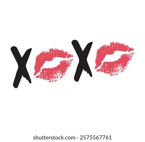 Vector hand drawn sketch doodle xoxo lettering with red lips imprint isolated on white background