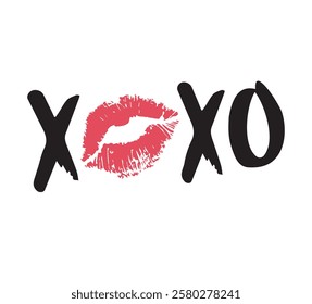 Vector hand drawn sketch doodle xoxo lettering with red lips imprint isolated on white background