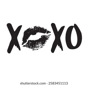 Vector hand drawn sketch doodle xoxo lettering with lips imprint isolated on white background