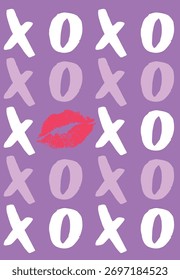 Vetor mão desenhada esboço doodle xoxo lettering com impressão lábios isolado no fundo roxo Frases xoxo. Frase para o Dia dos Namorados. Ilustração de vetor de tinta. Escova de caligrafia moderna. lábios vermelhos