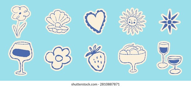 Vector hand drawn sketch doodle illustrations in naive art style, summer sea and beach vacation theme, stickers and drawing for  tropical coastal prints, posters and banners, seashell, sun, wine glass