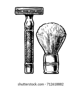 Vector hand drawn sketch of Double-edge Safety razor and shaving brush.