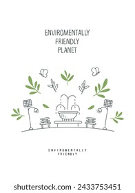 Vector hand drawn sketch of eco park with green branches. Fountain, benches and solar-powered lanterns. Illustration of Environmentally friendly planet. Alternative energy concept.