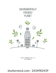 Vector hand drawn sketch of eco city  with green branches.House with solar panels and solar-powered lanterns. Illustration of Environmentally friendly planet. Alternative energy concept.
