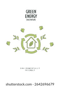 Vector hand drawn sketch of eco city house with green leaves . Environmentally friendly planet and green energy concept. Alternative and Renewable energy. Eco city. Protect the World.
