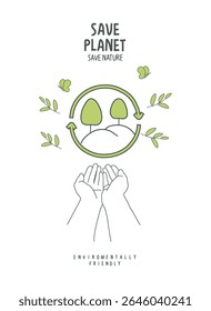 Esboço desenhado à mão do vetor do sinal de consciência ecológica com as mãos de apoio. Planeta ecologicamente correto e conceito de energia verde. Energias alternativas e renováveis. Proteja o mundo.