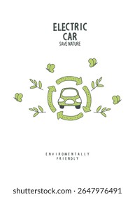 Esboço desenhado à mão do vetor do carro elétrico com folhas verdes. ilustração do planeta ambientalmente amigável. Pense verde. Conceito de energia alternativa.