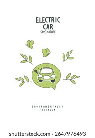 Esboço desenhado à mão do vetor do carro elétrico com folhas verdes. ilustração do planeta ambientalmente amigável. Pense verde. Conceito de energia alternativa.