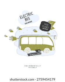 Vector hand drawn sketch of elecrtic bus on the green hills. illustration of Environmentally friendly planet. Think Green. Ecologically clean transport, eco-city. Alternative energy concept.