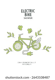 Vector hand drawn sketch of electric bicycle. Environmentally friendly planet illustration. Alternative energy in the green city  concept.Think Green.  
