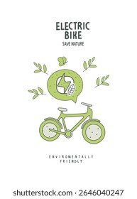 Esboço desenhado à mão do vetor da bicicleta elétrica. Ilustração de planeta ambientalmente amigável. Energia alternativa no conceito de cidade verde.Pense verde.