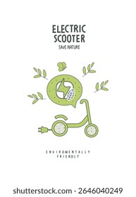Esboço desenhado à mão do vetor de scooter elétrico. Ilustração de planeta ambientalmente amigável. Energia alternativa no conceito de cidade verde.Pense verde.
