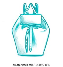 Esbozo dibujado a mano vectorial de una mochila de moda para mujeres, ilustración de moda, en líneas turquesas sobre un fondo blanco