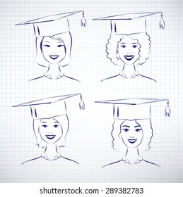 Vector hand drawn sketch of female degree students on notebook checkered paper background.