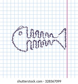 Vector hand drawn sketch fishbone icon on copybook. Doodle style 
