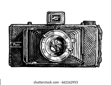 Vector hand drawn sketch of folding camera in vintage engraved style on white background