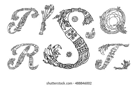 Vector Hand Drawn sketch Fonts.The original English language alphabet.Set of ABCD uppercase letters isolated on white background.Handmade ethnic alphabetic set .Boho style.Black and white line drawing