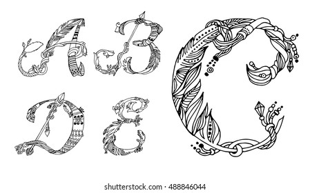 Vector Hand Drawn sketch Fonts.The original English language alphabet.Set of ABCD uppercase letters isolated on white background.Handmade ethnic alphabetic set .Boho style.Black and white line drawing