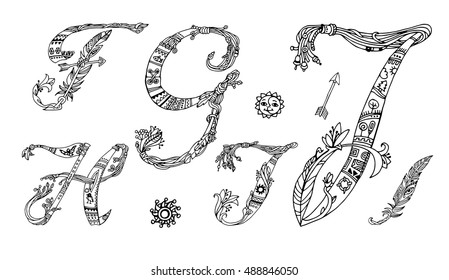 Vector Hand Drawn sketch Fonts.The original English language alphabet.Set of ABCD uppercase letters isolated on white background.Handmade ethnic alphabetic set .Boho style.Black and white line drawing