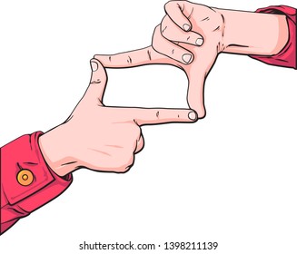 Vector hand drawn sketch of frame with hand gestures, vector cartoon pop art style illustration isolated on white background