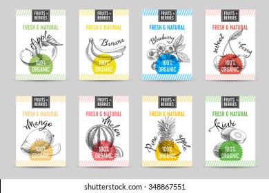 Vector hand drawn sketch fruits banners set. Eco foods.Vector illustration. Apple, banana, blueberry, cherry, mango, melon, pineapple, kiwi.