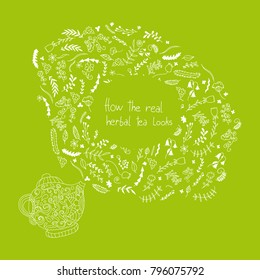 Vector hand drawn sketch with a funny word game dedicated to a tea theme. A pot with flowers. Food and drink, textile, printed goods, stickers for public places, decoration and design element.