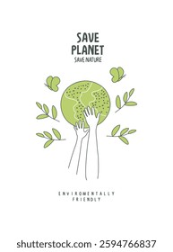 Vector hand drawn sketch green leaves with supporting hands.  Environmentally friendly planet comcept.Think Green. Protect the World from pollution concept.