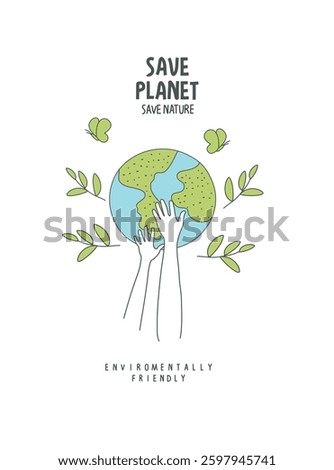 Vector hand drawn sketch green leaves with supporting hands. Environmentally friendly planet comcept.Think Green. Protect the World from pollution concept.