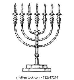 Vector hand drawn sketch of Hanukkah menorah in ink hand drawn style.  