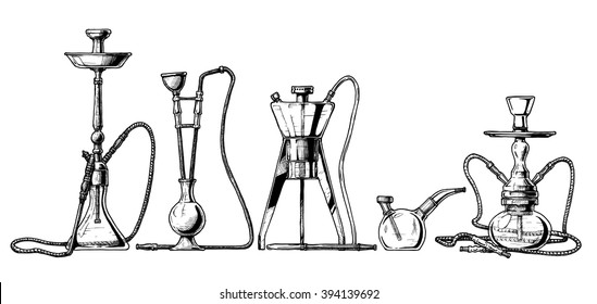 Vector hand drawn sketch of hookah set in ink hand drawn style. 