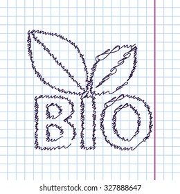 Vector hand drawn sketch icon for organic food and natural products on copybook. Doodle style 
