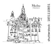 Vector hand drawn sketch illustration of Menton, a town in southeast France, French Riviera