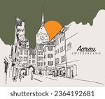 Vector hand drawn sketch illustration of a medieval street in Aarau canton in Switzerland.