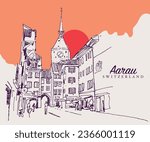 Vector hand drawn sketch illustration of a medieval street in Aarau canton in Switzerland.