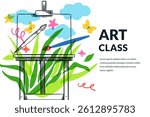 Vector hand drawn sketch illustration of wooden art easel, growing green plants and clouds. Kids creative craft class concept. Art supplies store colorful banner poster design template