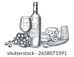 Vector hand drawn sketch illustration of wine bottle, glass, grapes, and cheese plate. Elegant style perfect for menu, winery packaging, wine bar, gourmet branding and promotional design