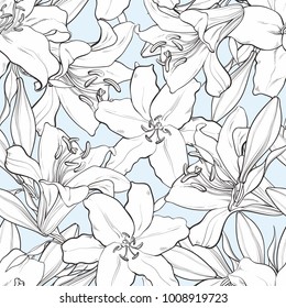 Vector hand drawn sketch illustration of monochrome white tulips flower with closed opened blossom leaves seamless pattern. Floral natural decoration background, backdrop element fabric textile design