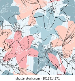 Vector hand drawn sketch illustration of abstract colored tulips flower with closed opened blossom leaves seamless pattern. Floral natural decoration background, backdrop element fabric textile design