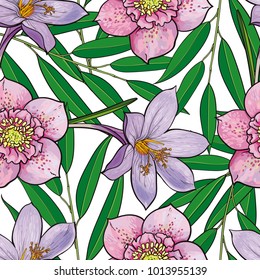 Vector hand drawn sketch illustration of crocus, hellebores flowers with opened blossoms, leaves seamless pattern. Floral natural decoration background, backdrop element for fabric, textile design.