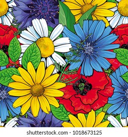 Vektorhandgezeichnete Skizzengrafik von rotem Mohn, Maisblume, Kamillenblumen, Blätter nahtloses Muster. Floraler natürlicher Dekorationshintergrund, Hintergrund-Element für Stoff, Stoffdesign.