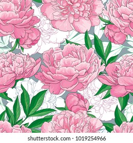 Vector hand drawn sketch illustration of pink peony flowers with opened blossoms, green leaves seamless pattern. Floral natural decoration background, backdrop element for fabric, textile design.