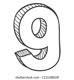 Vector Hand Drawn Sketch Illustration - Number Nine. The figure of 9